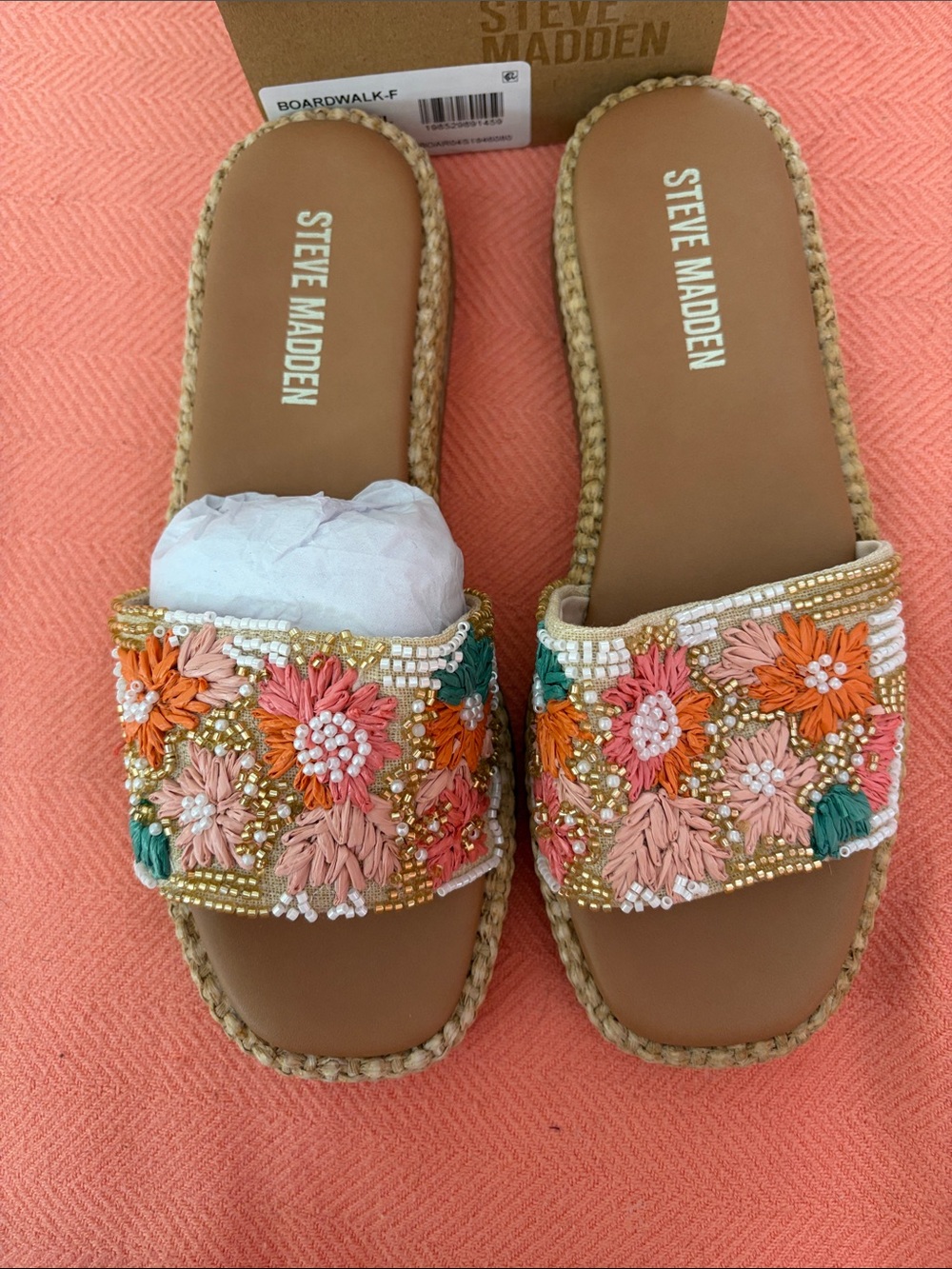 Steve Madden Coral Floral Beaded Slide Sandals with Tan Footbed - Picture 3 of 3